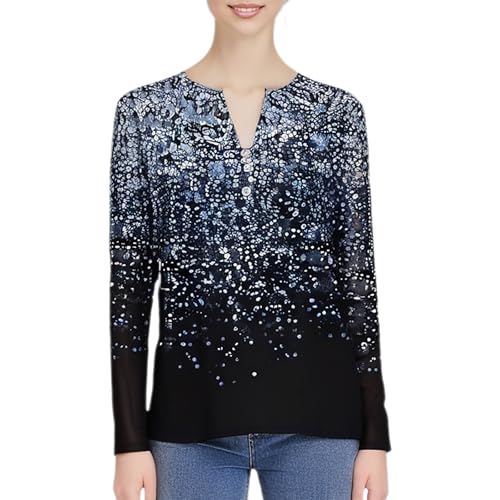 Camiseta de manga larga para mujer, elegante, cuello en V, cuello en V, blusa de manga larga, camiseta de manga larga, con botones de primavera, manga larga, holgada, túnica, estampado floral, ropa de