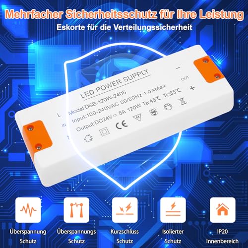 LED Trafo 24V 120W, LED Treiber Netzteil 24v 5A, LEd Transformator 230V 24V 120W, trafo 230v auf 24v, für G4 GU5.3 MR11 MR16 LEd Strips, Nicht Dimmbar, Kein Rauschen, Kein LED-Flimmern