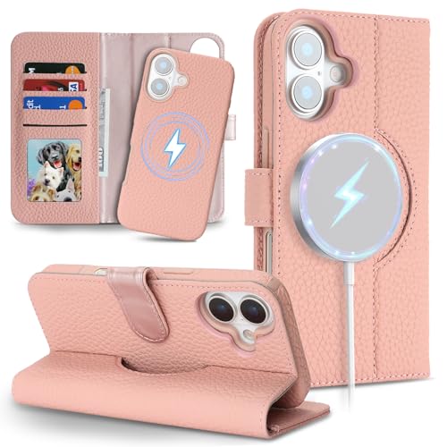 Image of Detachable Genuine Leather Case for iPhone 16 Wallet Case Magnetic 2in1 Removable Flip Cover Book Purse Compatible with Magsafe Charging Kickstand Card Holder-Pink