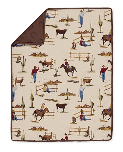 Image of Sweet Jojo Designs Brown Western Cowboy Boy Baby Mini Crib Bedding Set Infant Nursery Room Newborn Blanket Portable Pack n Play Sheets 3p Wild West Horseshoe Southern Charm Country Horse Cow Animal
