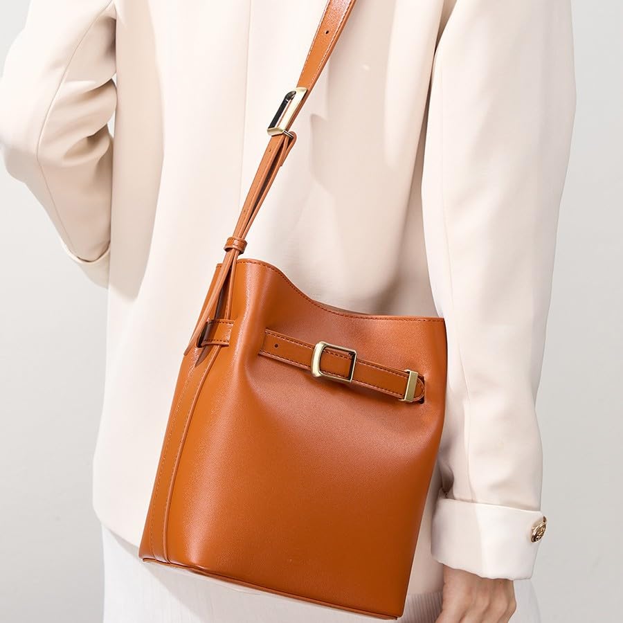22x9x18cm Retro Leder Damen Tasche,Leder Schulter- Umhängetasche,Stilvolle Eimer-Tasche (Für tägliche Essentials wie Makeup-Spiegel,Handy)