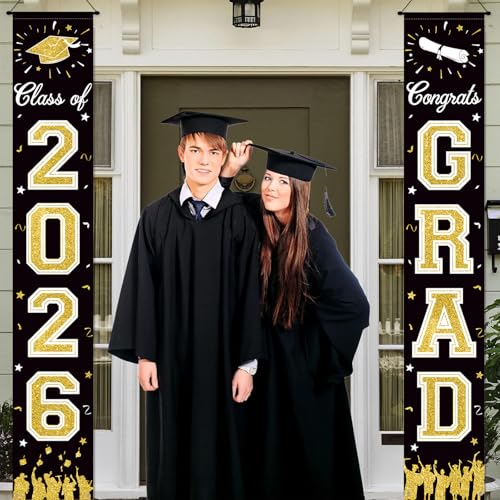 Image of 2026 Graduation Decorations, Black Gold Graduation Banner Class of 2026, Hanging Congratulations /Congrats Grad Porch Banner for Door Schools Grad Party Decorations Black