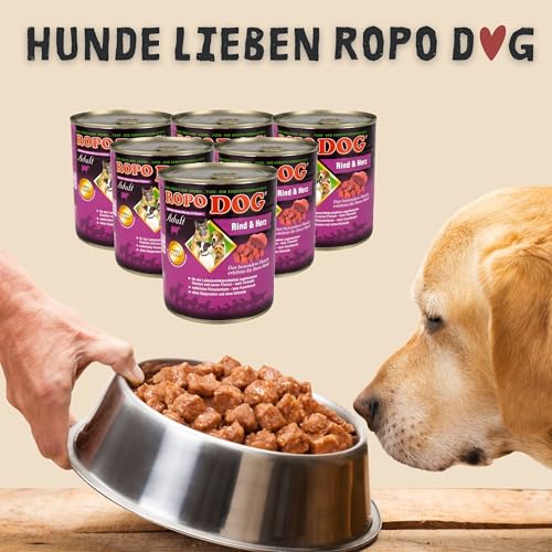 ROPODOG Hundefutter Nassfutter 6×800 g für Erwachsene Hunde Aller Rassen Premium Qualität getreidefrei, proteinreich, gut verträglich – Vollnahrung im Vorratspack (Rind & Herz)