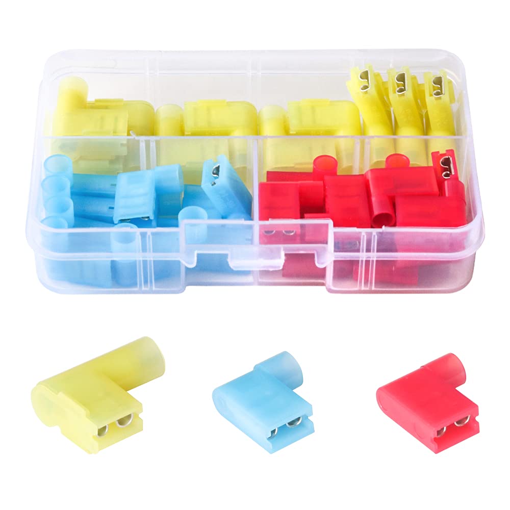 PONFY 35PCS Nylon Insulated Flag Spade Quick Disconnects Female Wire Connector 90 Degree Electrical Crimp Terminals Connector Assortment Set 22-18 16-14 12-10 Gauge