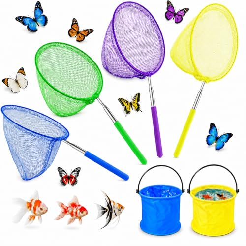 4PC Kescher Kinder Teleskop Schmetterlingsnetz mit 2 Faltbarer Eimer Fischernetz Kinder Kinder Kescher Natur Wissenschaft Exploration Werkzeug Fangen von Insekten kleinen Fischen Outdoor