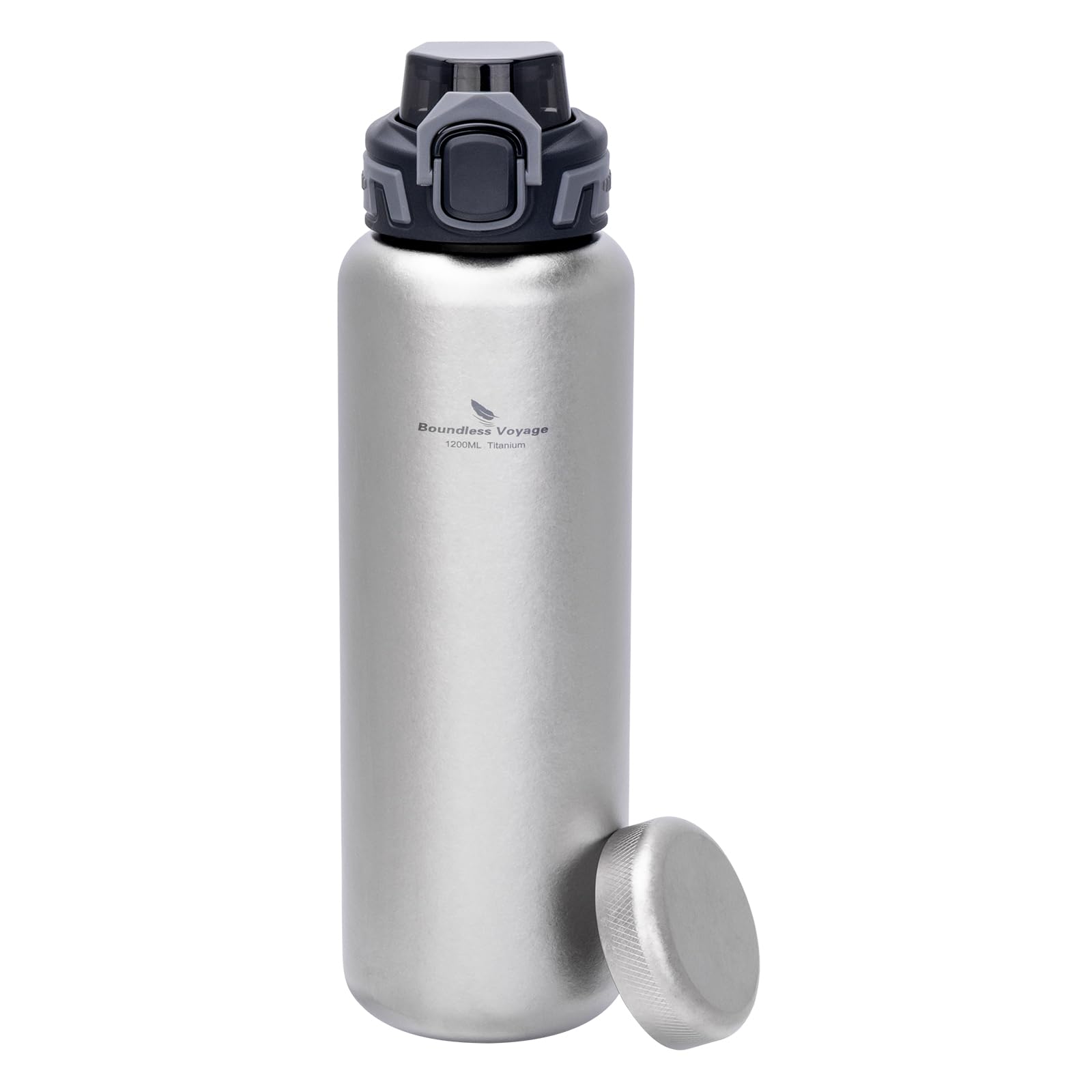 usharedo Titanium Bottle Wide Mouth Flask Bottle Large Capacity Hydration Jug for Camping Hiking Cycling Travel Outdoor Sports 1200ml/42.2oz (Crstalsilver+2 lids)