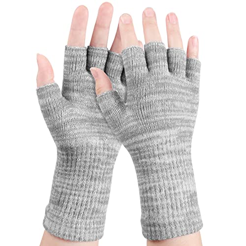Gants Demi-Doigts en Tricot d'Hiver Mitaines Tricotées sans Doigts de Dactylographie pour Homme Femme (Blanc, Gris)