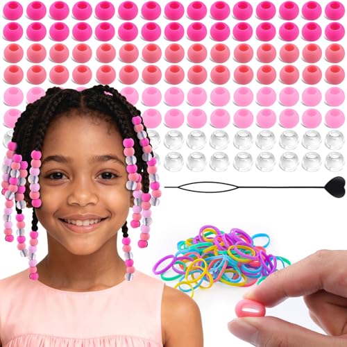 120Pcs 14mm Large Silicone Beads for Hair Braids Soft Jellyish Hair Beads with 7mm Hole + 50 Rubber Bands and 1 Beader for Braiding DIY Bracelets Necklaces Crafts (Light Pink)