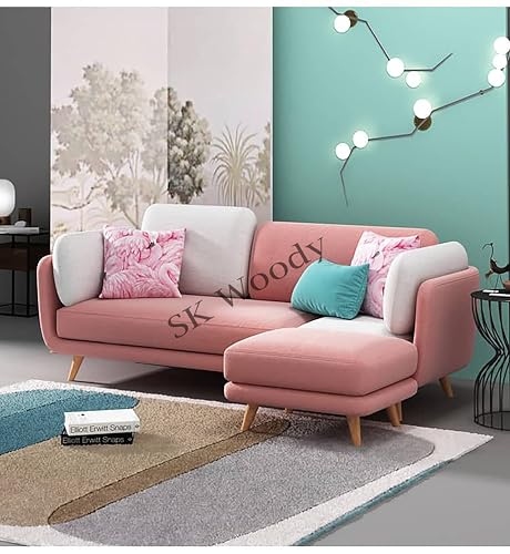 Image of Black Wood Modern Luxury Velvet Fabric 3 Seater Sofa with Ottoman Pouffe in Bug Resistant Solid Wood for Bedroom, Living Room, Dining Room (Pink & Beige, 3 Seater, Sofa with Pouffe)