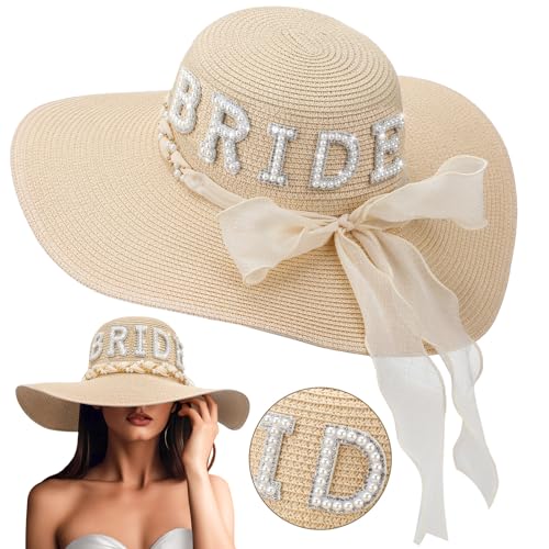 Cozypower Bride Sun Hat Wide Brim Straw Floppy Bride Beach Hat for Women Bridal Honeymoon Wedding Party Engagement(Beige)