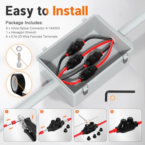 joinfworld 2 port inline splice connector 4-14 awg aluminum to copper wire connectors insulated wire connectors ul listed wire cable connectors with 53234 slotted allen hex - 6 pack