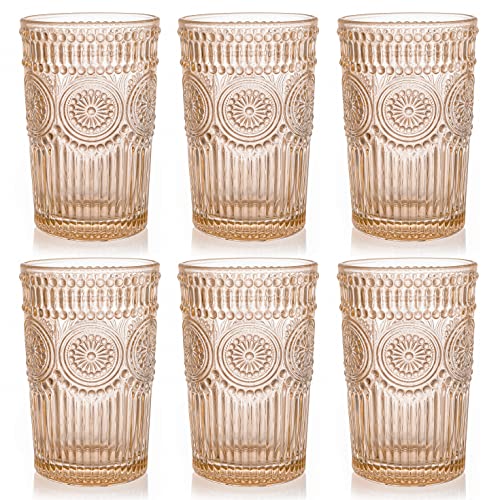 Kingrol Paquete de 6 vasos de colores de 12 onzas, juego de cristalería premium para agua, jugo, bebidas, cóctel, diseño romántico en relieve, para bodas, uso diario Cover