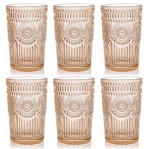 Kingrol 6 Pack 12 oz Colored Drinking Glasses, Premium Glassware Set for Water, Juice, Beverages, Cocktail - Romantic Embossed Design - for Wedding Party, Daily Use -  VES145