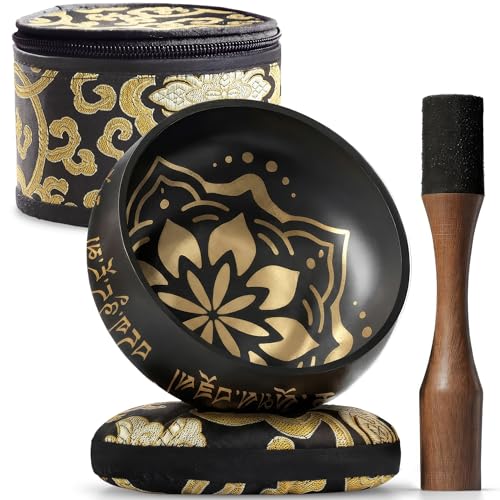 Authentiques Bols Chantants Tibétains Gravés à la Main – Bol Sonore avec Coussin, Maillet – Instruments Anti-Stress – Outils de Thérapie Yoga –...