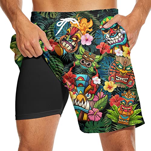 Mens Swim Trunks with Compression Liner Bathing Suits Quick Dry Beach Shorts 7 Inch Inseam Swimwear