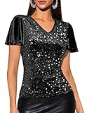 DRESSTELLS Black Sequin Tops for Women, Velvet Ruffle Sleeve V Neck Double Layers Sparkly Glitter Blouse for Evening Party Club Disco Country Concert Vegas Outfits L - Image 1