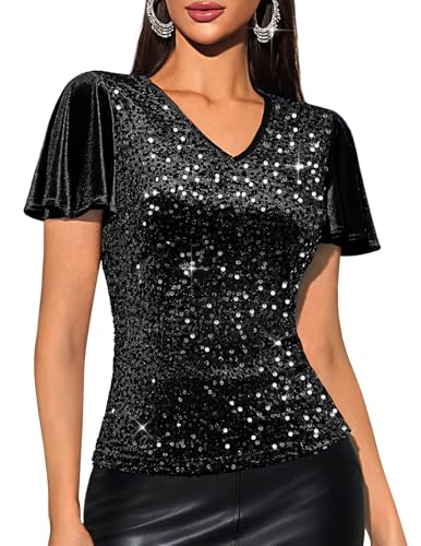 DRESSTELLS Black Sequin Tops for Women, Velvet Ruffle Sleeve V Neck Double Layers Sparkly Glitter Blouse for Evening Party Club Disco Country Concert Vegas Outfits L