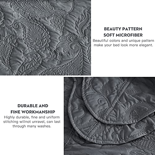Image of HZ & HY Oversized Queen Bedspread, Stitched Paisley Quilt Set Queen Size, Lightweight Reversible Coverlet, Scalloped Edge - Modern Classic Look, 5 Piece, Dark Grey