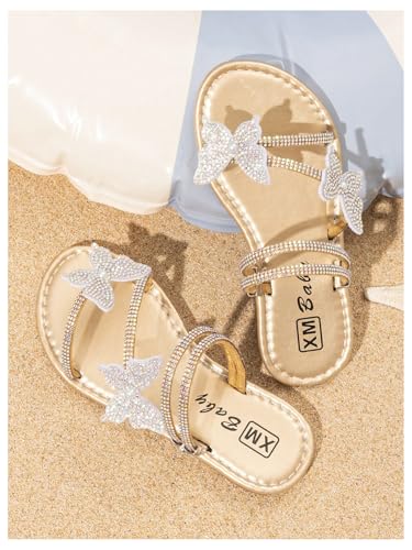 OYOANGLE Girl's Slide Sandals Rhinestone Sparkly Butterfly Strappy Open Toe Slip On Flat Sandal2