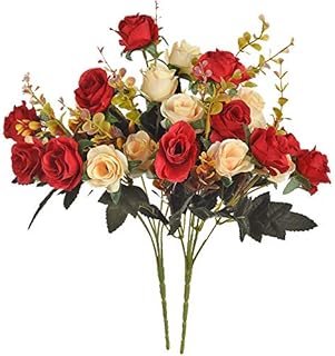 Moomass Artificial Flowers,2 Packs of Artificial Roses.24 Little Rose Silk Flowers. Plastic Flowers,Plants for Home Hotel Wedding Christmas Office Tables Decorations. Red …