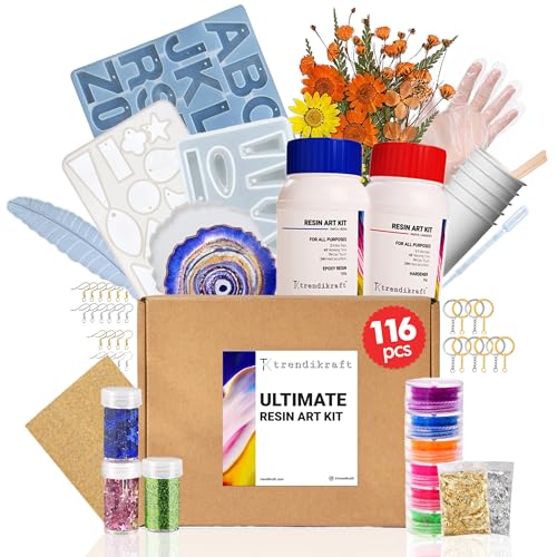 TRENDIKRAFT 116pcs Ultimate All-in-One Resin Art Kit with 5 Silicone Moulds Dried Flowers Epoxy Raisin Materials for Making Alphabet Pendant Keychain Earrings Bookmarks & 4