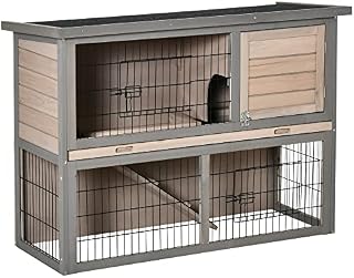 PawHut 2 Tier Wooden Rabbit Hutch Guinea Pig House Bunny Cage Backyard w/ Ramp Outdoor Run Built-in Tray Openable Roof Small Animal House Brown, 108 x 45 x 78 cm