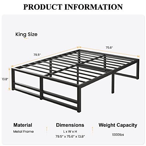 Sha Cerlin King Size Metal Bed Frame, 14 Inch Heavy Duty Platform Bed, High Under Bed Storage Space, Steel Slats Support Up To 1000 Lbs, No Box Spring Needed, Mattress Anti-Slip Design, Noise Free #TOP1