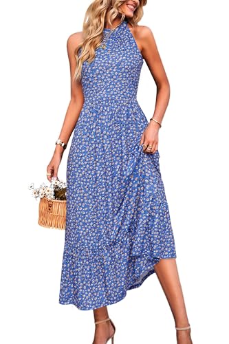 STYLEOWRD 2025 Sommerkleid Damen Lang Sommer Blumen Neckholder Maxikleid mit Tasche(Blau Gelb Floral,S)