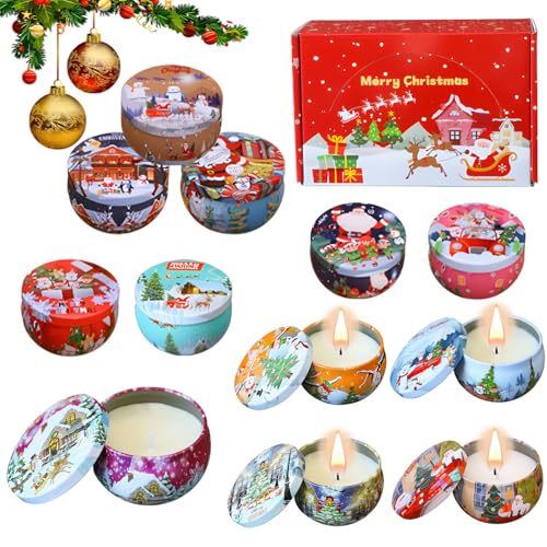 Christmas Scented Candle Gift 12 Pack Natural Soy Wax Scented Candle Gifts Set for Women Tin Jar Aromatherapy Candles for Stress Relief Holiday Christmas Gifts for Women Men
