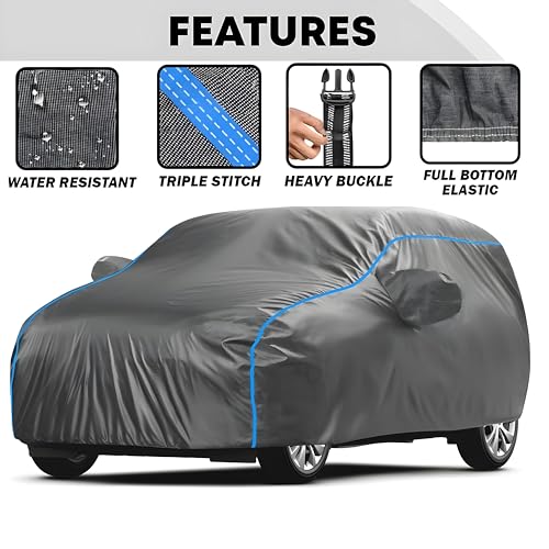 Image of Kerwa Car Body Cover Waterproof with A5, Dust & UV Resistant All-Weather Proof Full Body Cover, Grey with Blue Lining, Triple Stitched Elastic Bottom with Mirror Pocket
