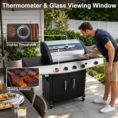 Image of 4 Burners Propane Gas Grill, BBQ Outdoor Grill Barbeque Burner | 62,000 BTU, 645 Sq.in, Searing Burner, Side Burner, Porcelain-Enameled Grates, Stainless Steel, Patio Garden Family Party