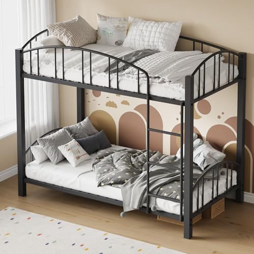 Bunk Bed Twin Over Twin with Stairs and Arched Guardrail, Sturdy Metal Slats Support, Space Saving, Noise Free, No Box Spring Needed, Ideal for Kid Room and Dorm, Black