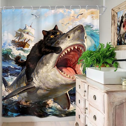 Image of Funny Black Cat Shower Curtain Riding Shark 60Wx72H Inch Decor