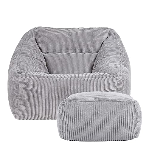 Icon Natalia Sitzsack Sessel mit Hocker für Erwachsene, Grau, Flauschiger Cord Stoff, Riesen Sitzsack Cord mit Füllung, Bean Bag Chair, Bequemer Sessel Wohnzimmer, Lounge, Schlafzimmer, Büro