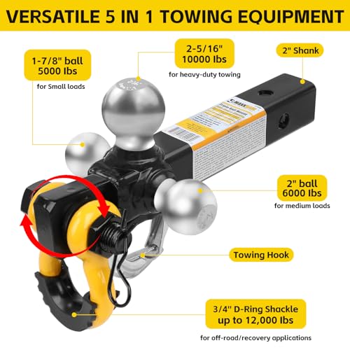 Image of MaxxHaul Tri Ball Hitch with Rotatable Tow Hook and D-Ring Shackle, Fits 2 inch Receiver, Heavy-Duty Steel, 12,000 lb Capacity, Multi Ball Mount for Towing & Recovery - (51008)