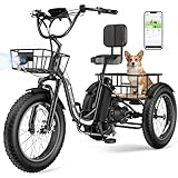 Electric Tricycle for Adults with Large Baskets, 1500W Motor 48V 15.6Ah Battery, Fat Tire Electric Bike with Differential, Smart APP, GPS Location (iOS Compatible), Front Suspension, Adjustable Seat