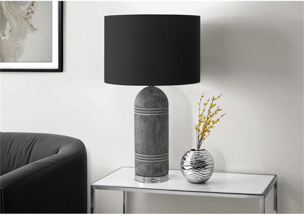 Pemberly Row 28" Gray Stone-Look Resin Table Lamp, Black Fabric Shade, 3-Way Switch, Acrylic Base, Modern Design, 100W Max Bulb, Living Room, Bedroom, Office Lighting Fixture