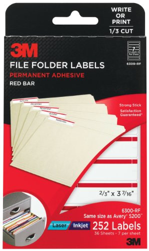 3M Red Bar File Folder Labels for Laser/Inkjet Printers, White With Red ...