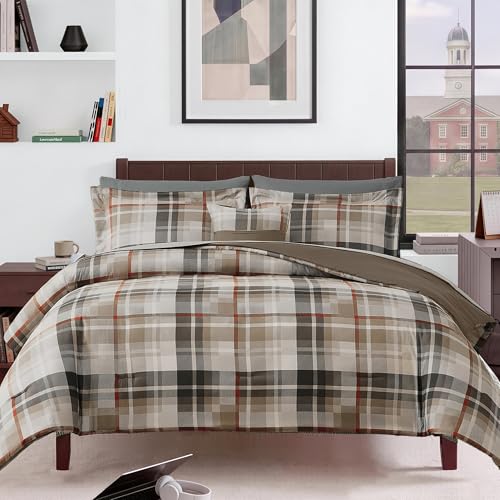 Image of MaiReve Comforter Set Full Size Khaki, Classic Farmhouse Bedding Set Bed in a Bag 7 Pieces, Lightweight All Season Comforter Set with Sheets, Pillowcases & Shams