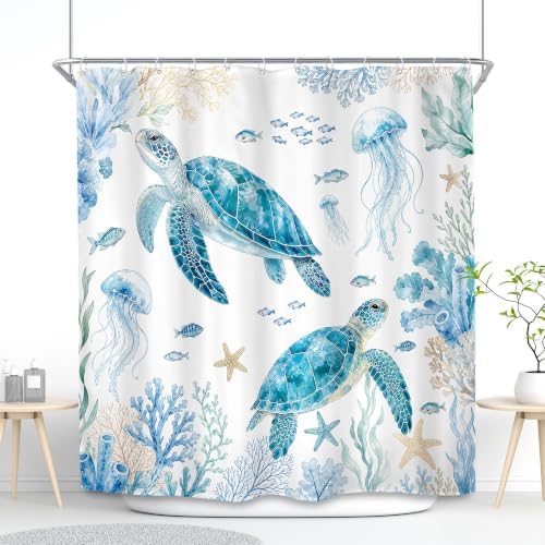 Sea Turtle Shower Curtain 72x72 Beach Blue Ocean Coastal Bathroom Decor - 1