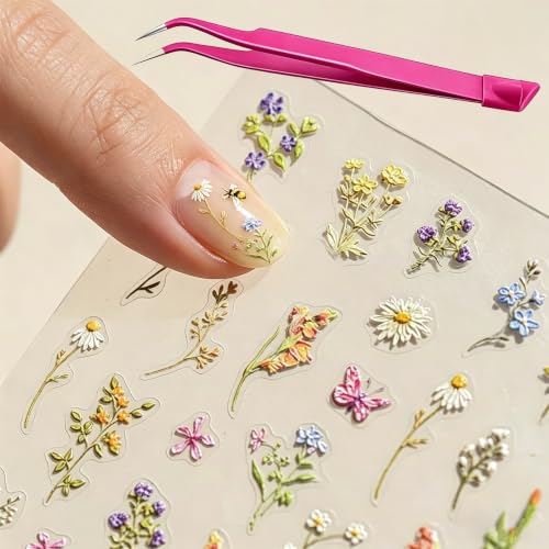 Image of YTonHal 3D Flower Nail Art Stickers, 5D Embossed Decals with Tweezers