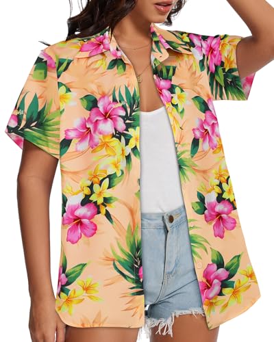 Image of Women Hawaiian Shirt Button Down Summer Tops Beach Short Sleeve Blouse