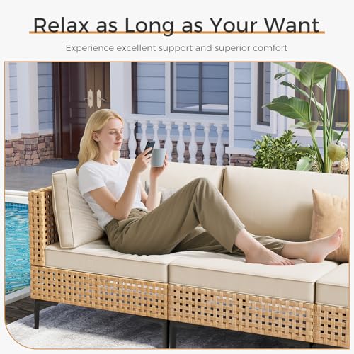 ABCASA Patio Furniture Set, 110" Large 7-Piece Wicker Outdoor Patio Furniture Sets with Coffee Table,Boho Patio Conversation Set Sectional Sofa with All-Weather Cushions for Backyard,Porch,Beige