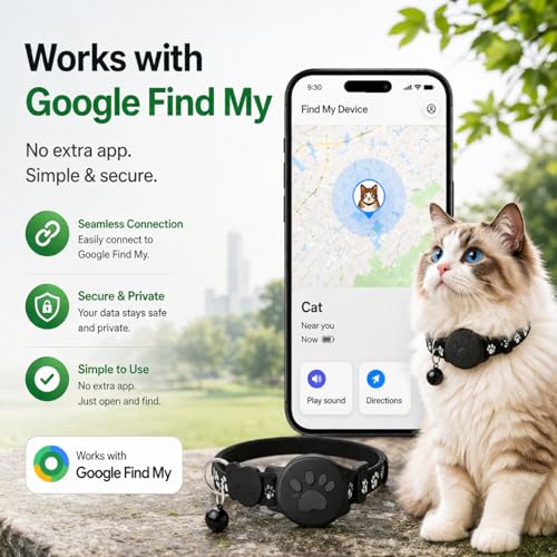 Image of Pet Tracker,GPS Collar for Cats,Smart tag,Waterproof Compatible with Find My,No Monthly Fee,Advanced Tracking Solution Smart Collar for Pet Safety Ideal Small Large Cats(Android User)