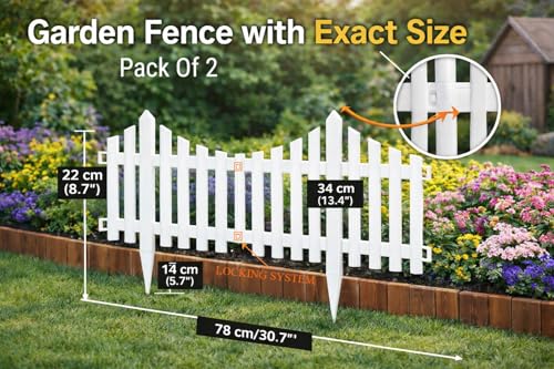 Image of Klick N Shop Garden Fence Pack of 2, Decorative Interlocking Plastic Border Panels for Lawn & Plants, Weather-Resistant Outdoor Garden Edging with Locking System, White, 78 x 34 cm