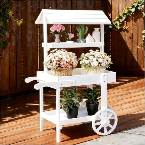 LCKJZYL Farm Stand Outdoor 49.2 In Durable Wooden Flower Cart Display Stand with Wheels 3 Tier Candy Cart for Patio Balcony Garden Porches Indoor Stores Home Weddings Gardening Market Craft Fairs