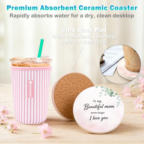 Image of WKIEASON Gifts for Mom Reusable Iced Coffee Sleeve & Ceramic Coaster Set