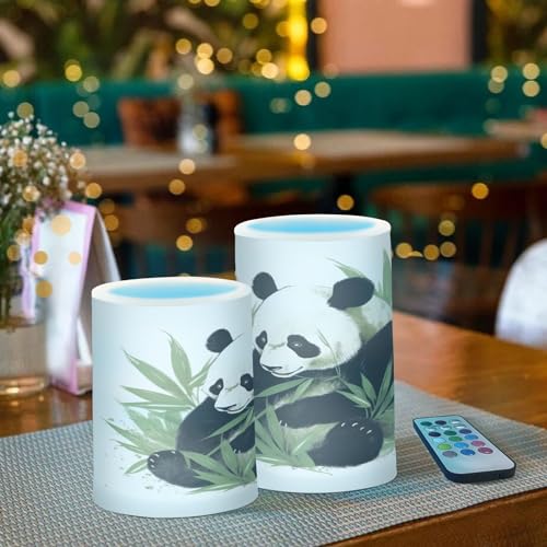 Image of Panda & Bamboo Flameless Candles, Flameless Candles with Remote Set of 2, Flameless Candles Battery Operated, Pillar Candles Home Decoration, Christmas, Party
