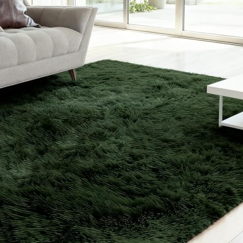 FARYODI Tapis moelleux à poils longs - Antidérapant - Lavable - Doux et moderne - Pour salon, chambre à coucher, chambre d'enfant - Vert foncé, 120 x 160 cm
