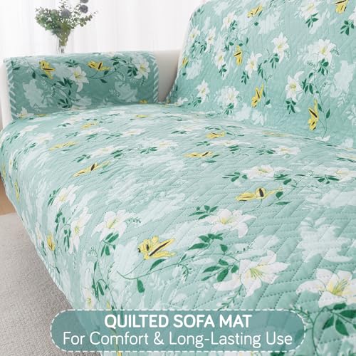 Image of HOKIPO AB Dual Design Quilted Sofa Cover 5 Seater, 3+1+1 Sofa Cover Set, Easy Drape Series, Fresh Meadow (IN-1101 + IN-1099 * 2-ED6)